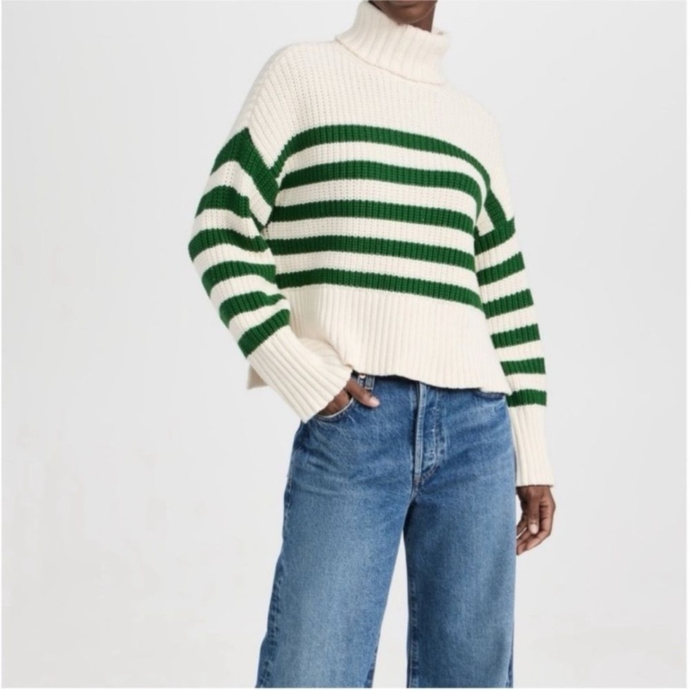 Madewell Green and Cream Striped Turtleneck Sweater